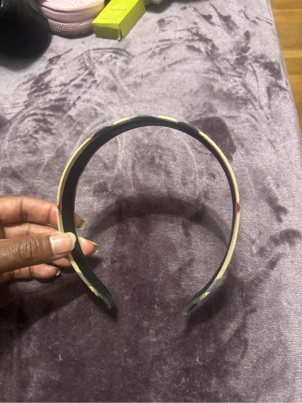 Burberry Beige Plaid Headband with Black and Red Accents